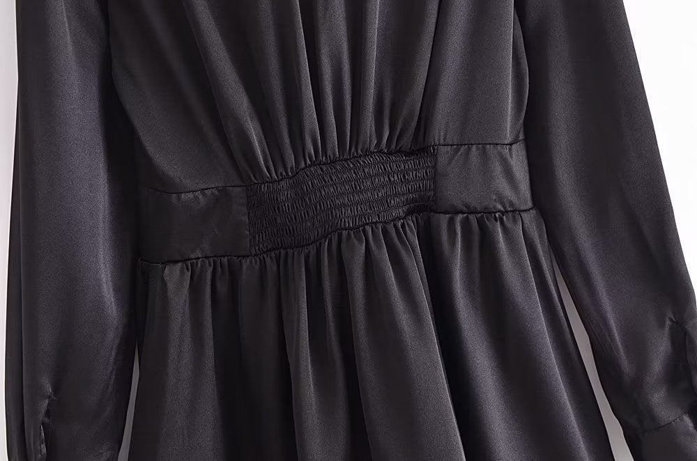 Autumn Women Black Satin Collared Long Sleeve Jewelry Fastener Decoration Shirt Dress