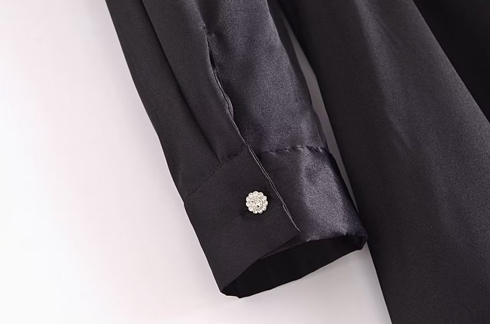 Autumn Women Black Satin Collared Long Sleeve Jewelry Fastener Decoration Shirt Dress
