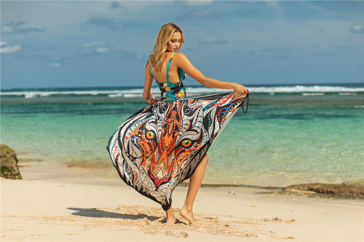 Summer Sexy Shawl Beach Dress Vacation Skirt Spaghetti Strap Floral Print Skirt