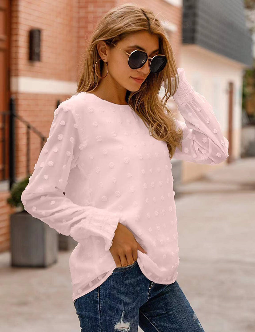 Arrival round Neck Jacquard Chiffon Shirt Loose Women Commuting Wear Autumn Long Sleeved Top