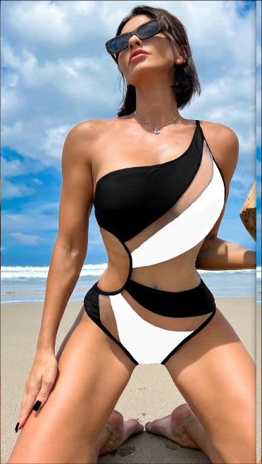 Bikinx Contrast Mesh One Shoulder One Piece Swimsuit