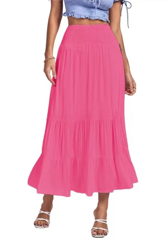 Spring Summer Solid Color Pleated Stitching Elastic High Waist Sheath Skirt