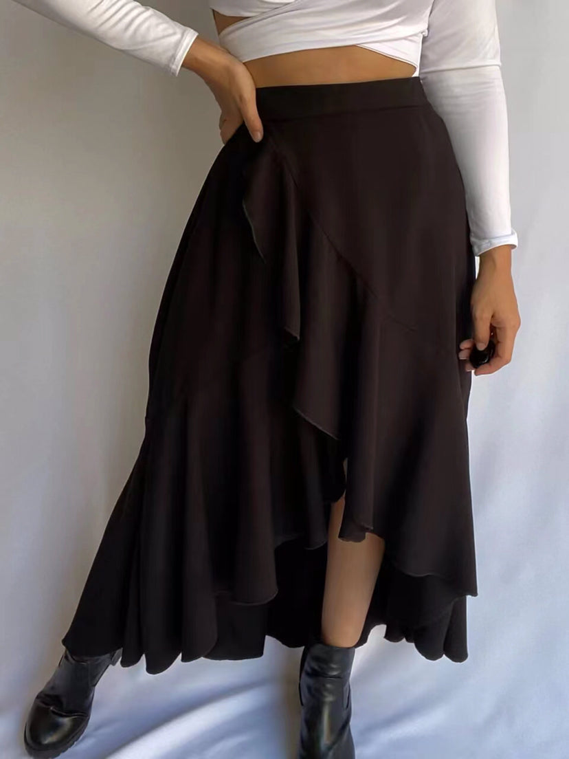Solid Color Stitching Draping Dovetail Elastic High Waist Casual All Matching Women Wear Skirt