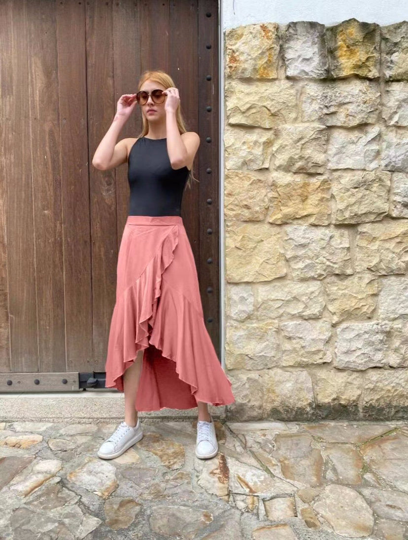 Solid Color Stitching Draping Dovetail Elastic High Waist Casual All Matching Women Wear Skirt