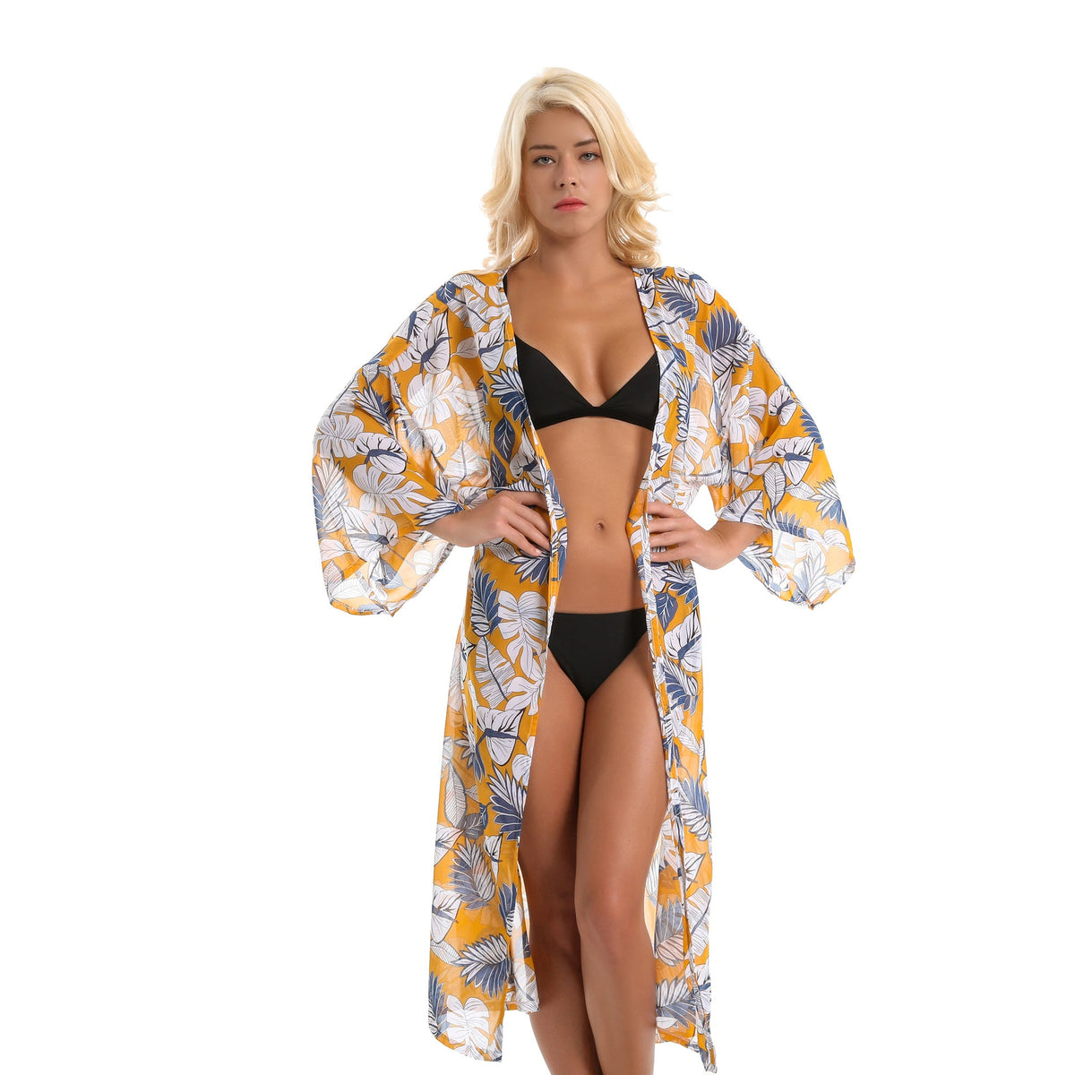 Spring, Summer Autumn Tropical Japanese Banana Leaf Palm Leaf Chiffon Lightweight Swimwear Cover up Sun Protective Blouse