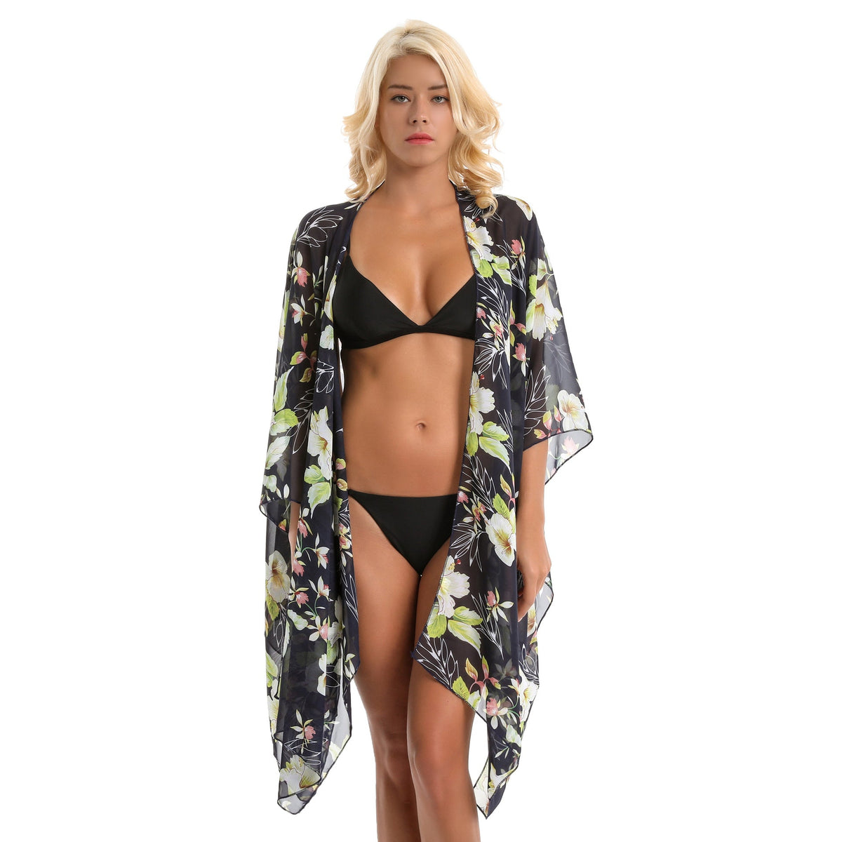 Elegant Lily Pattern Chiffon Beach Sun Protection Beach Cover Up Cardigan