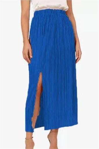 Spring Summer Elastic Waist Box Pleat Split Sexy Tight Casual Mid Waist Classic Mid Length Skirt