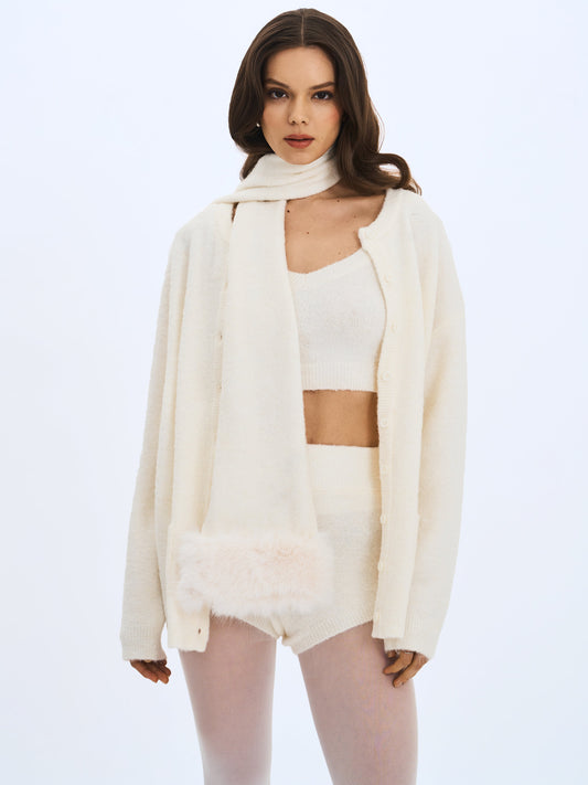 Selma White Wool-Blend Ribbed Knit Scarf