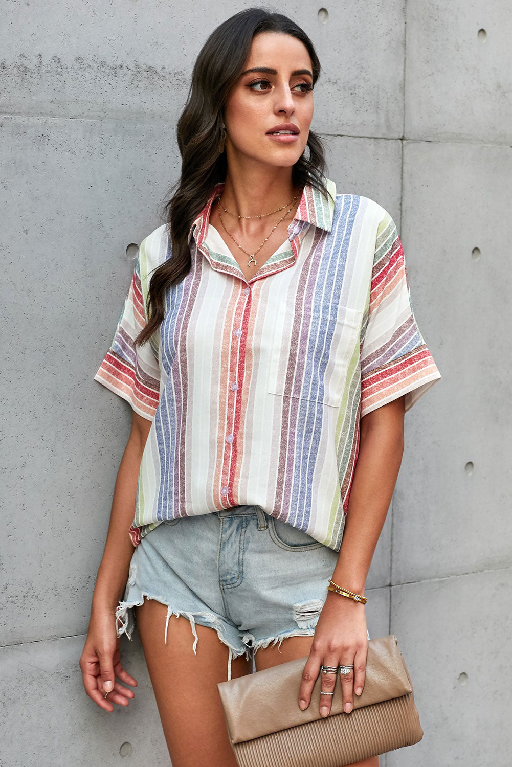 Orange Happier With You Striped Button Top