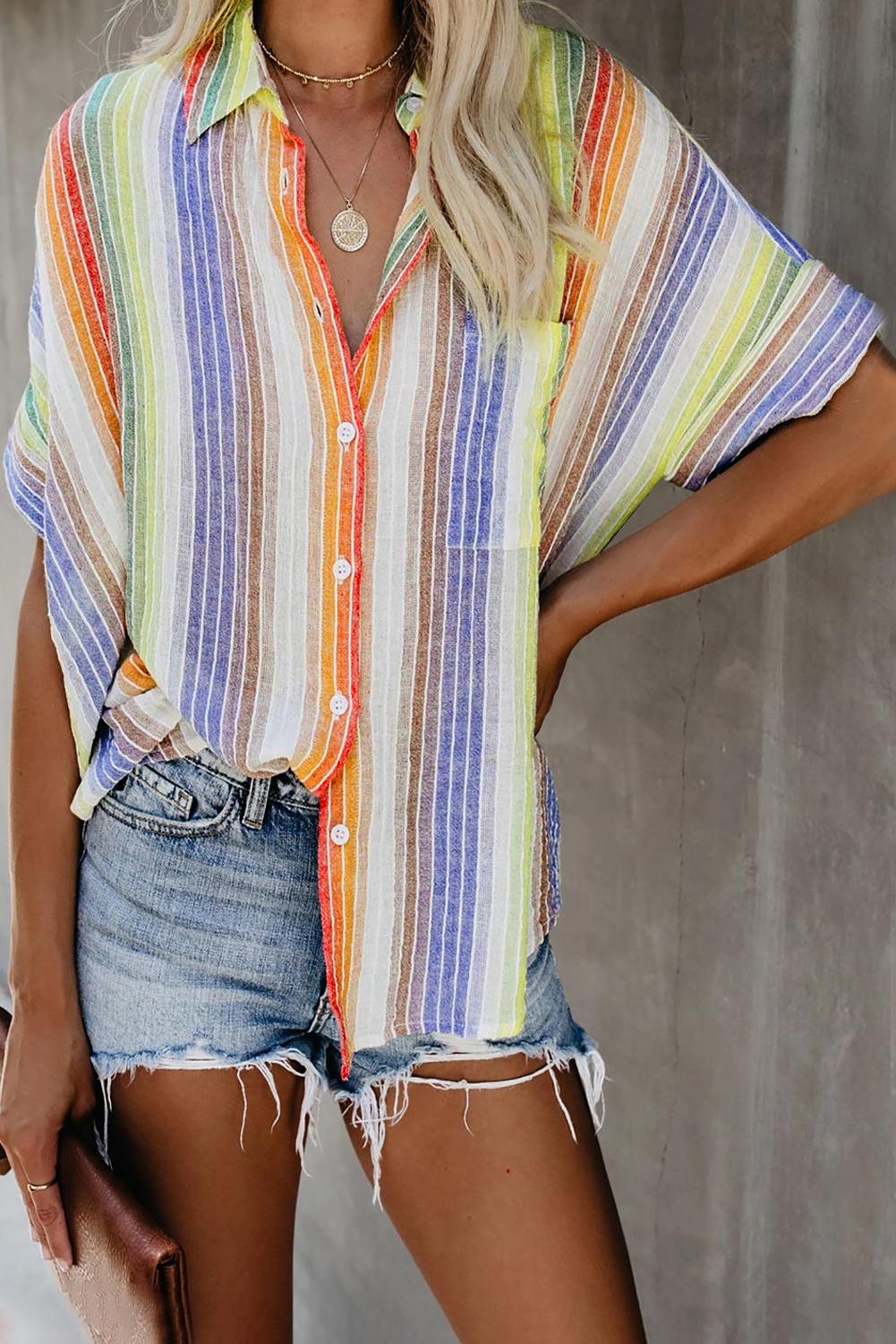 Orange Happier With You Striped Button Top