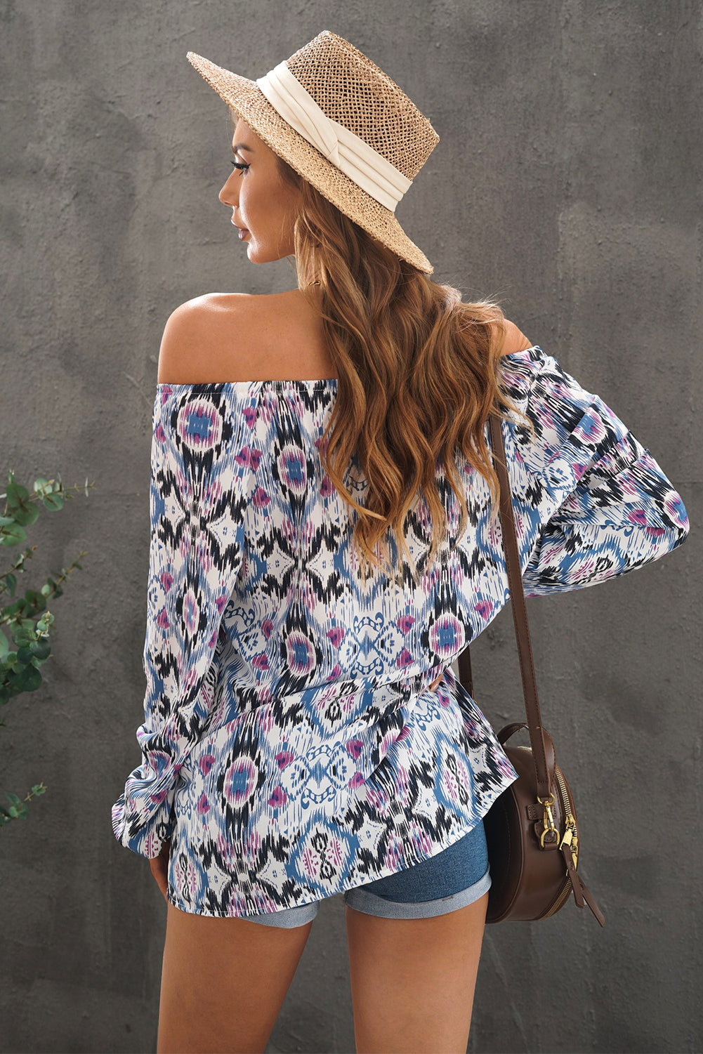 Green Vintage Print Split Neck Blouse