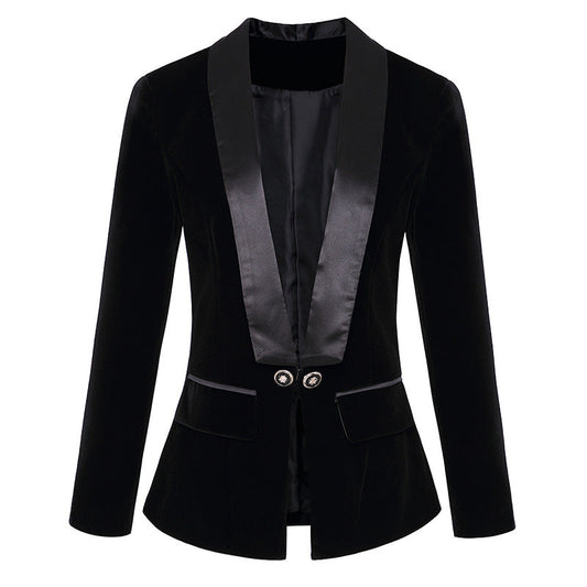 Autumn Winter Satin Green Fruit Collar Slim Velvet Blazer for Women