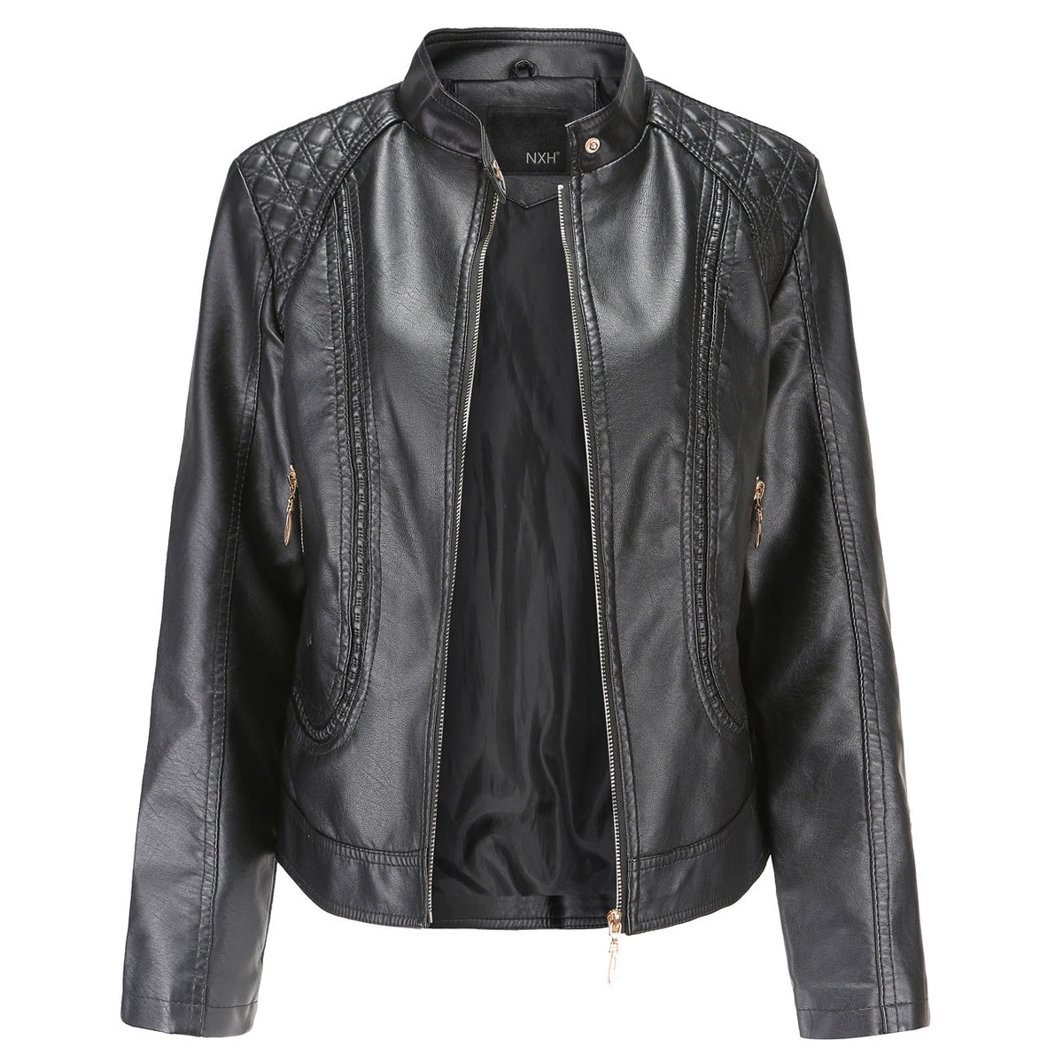 New Spring Autumn Women Leather Jacket Women Graceful Stand Collar Faux Leather Women Leather Jacket Women Leather Coat
