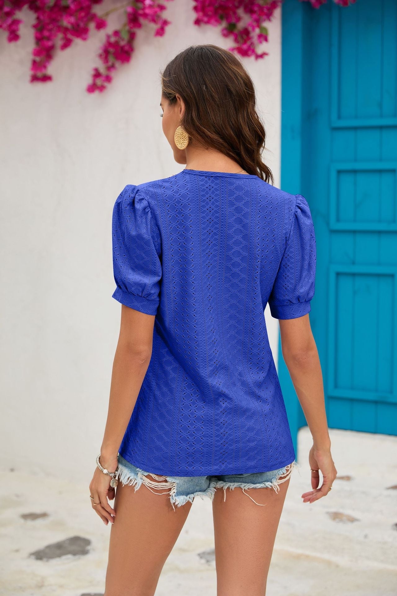 Summer Solid Color Princess Sleeves Lace V neck Patchwork Loose-Fitting T shirt Top Women