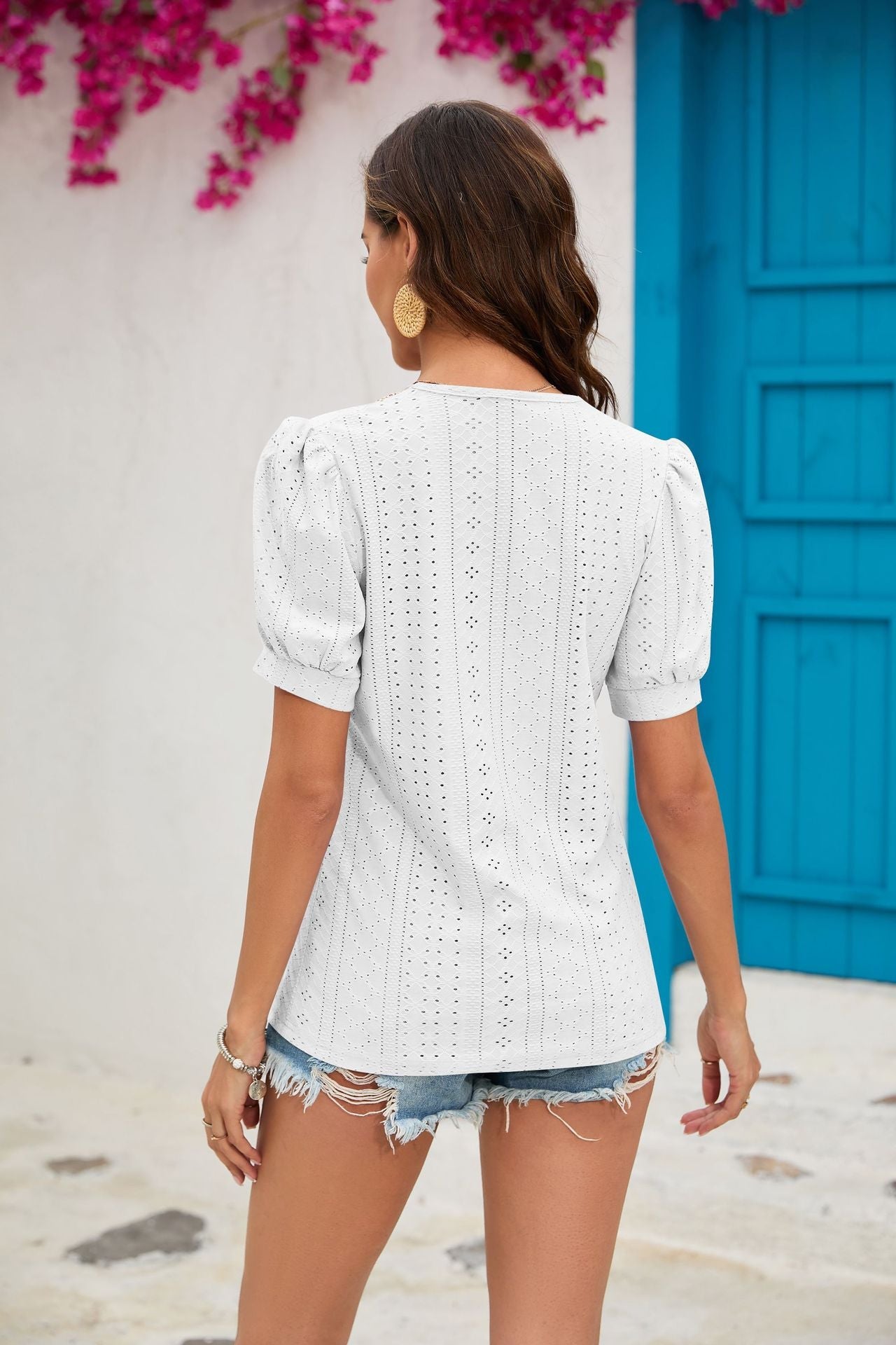 Summer Solid Color Princess Sleeves Lace V neck Patchwork Loose-Fitting T shirt Top Women