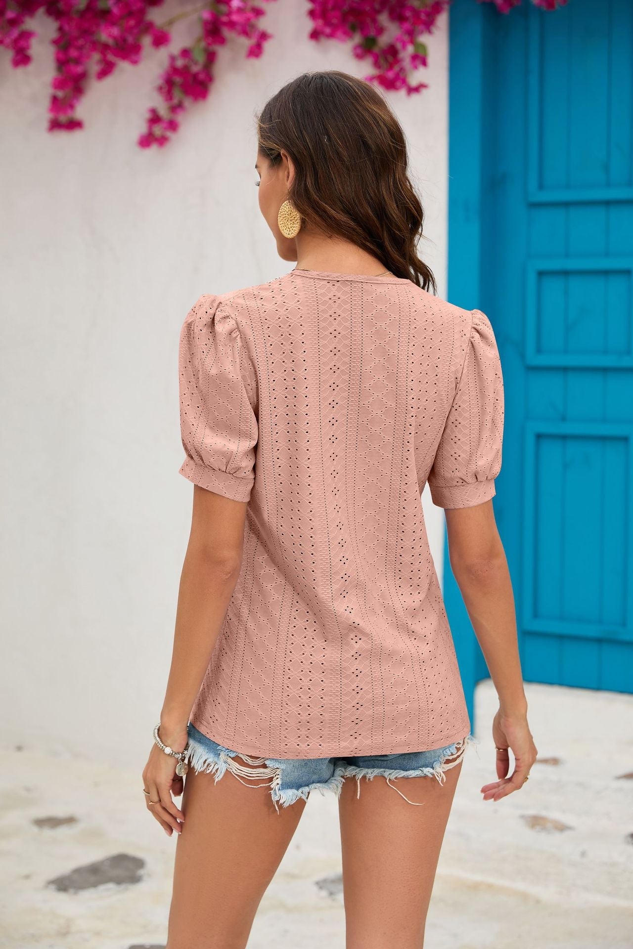 Summer Solid Color Princess Sleeves Lace V neck Patchwork Loose-Fitting T shirt Top Women