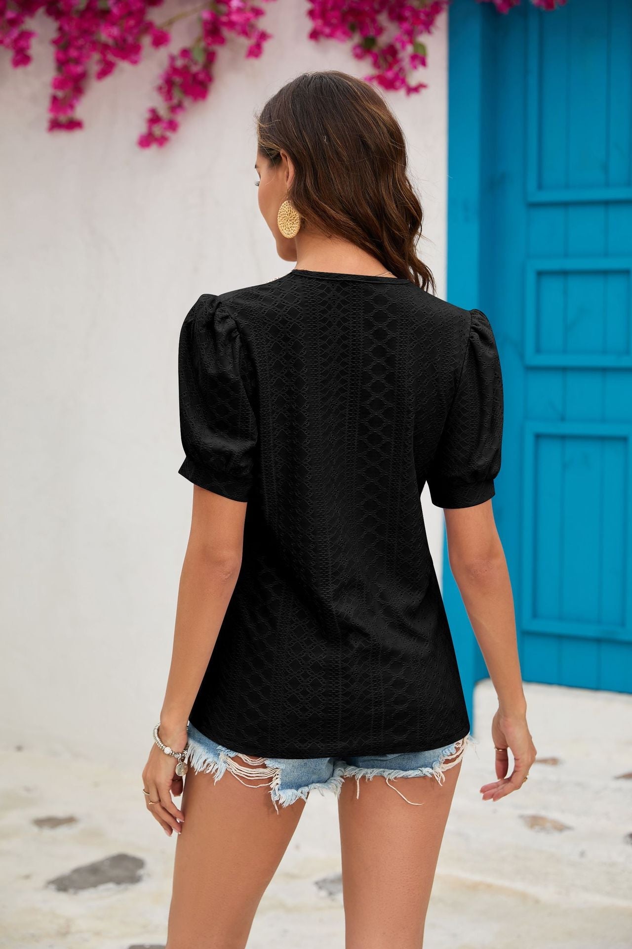 Summer Solid Color Princess Sleeves Lace V neck Patchwork Loose-Fitting T shirt Top Women