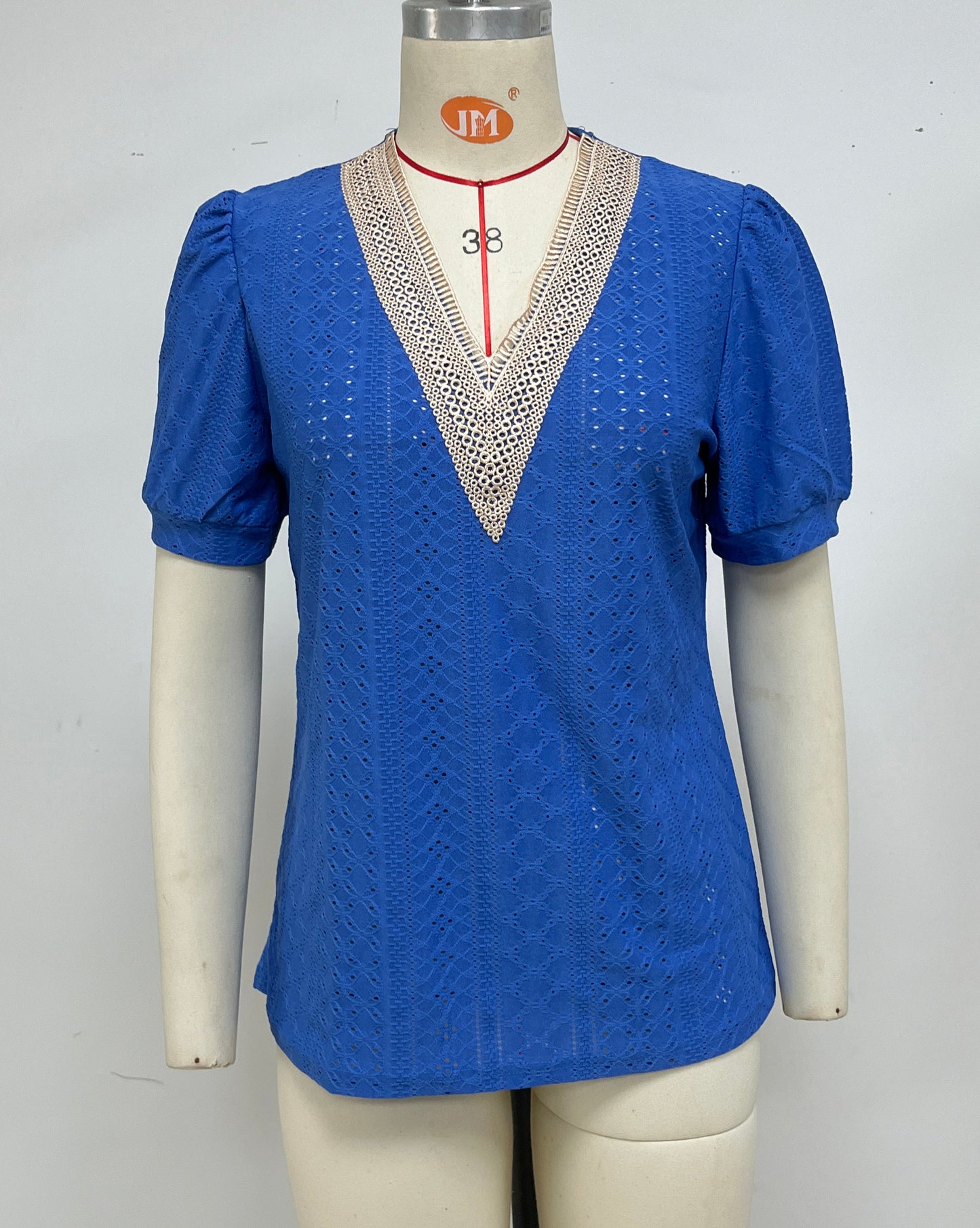 Summer Solid Color Princess Sleeves Lace V neck Patchwork Loose-Fitting T shirt Top Women