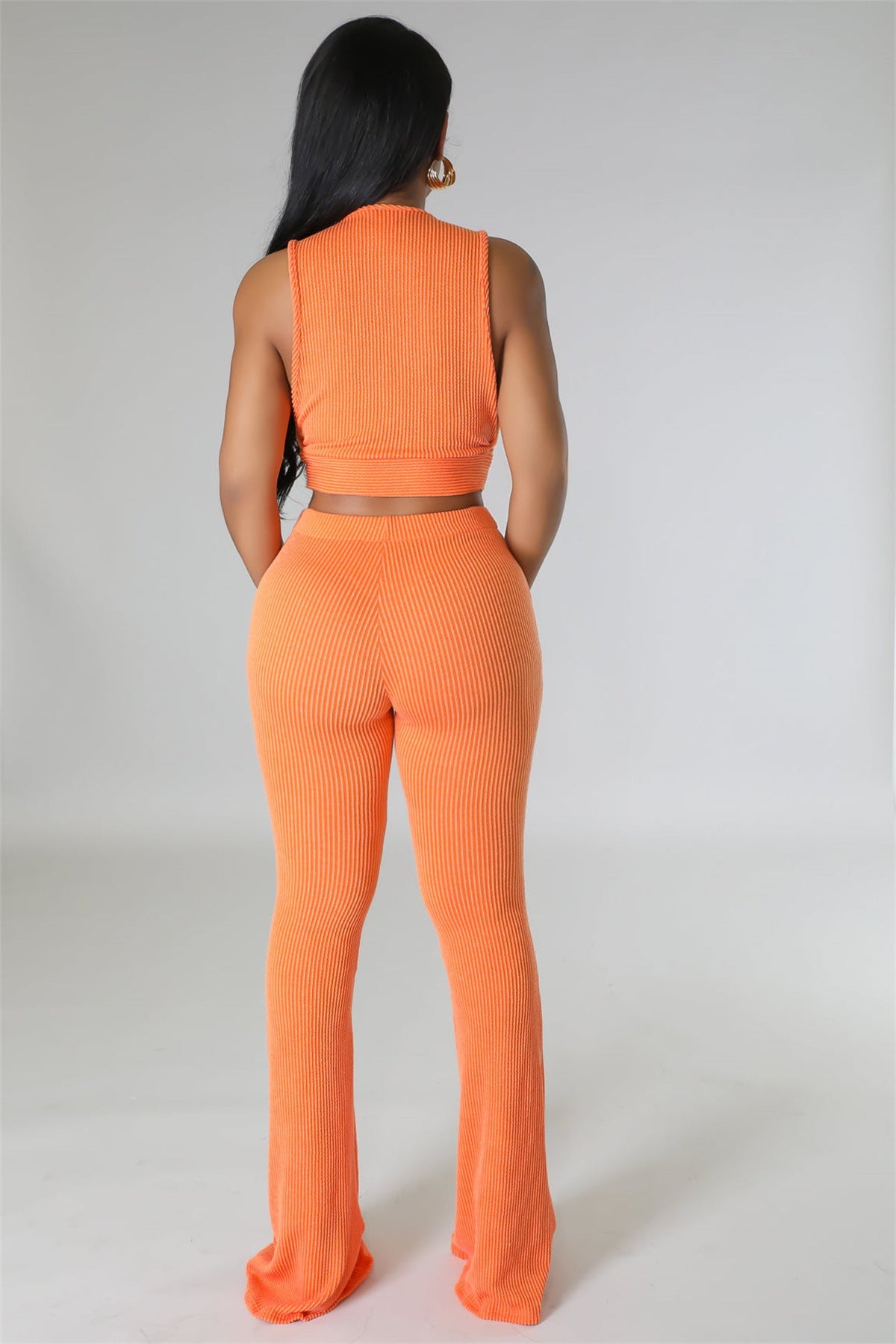 Women Casual Set Solid Color Rib Fabric Sleeveless Bootcut Trousers Two Piece Set