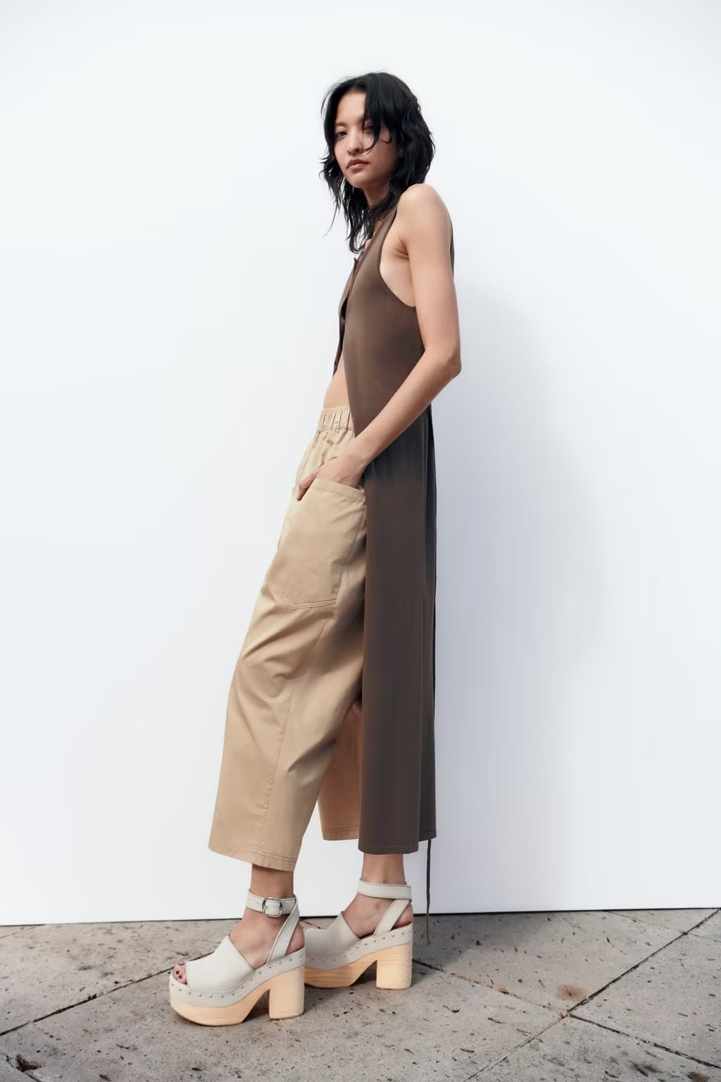 Spring Women Urban Casual Pocket Poplin Wide Leg Pants