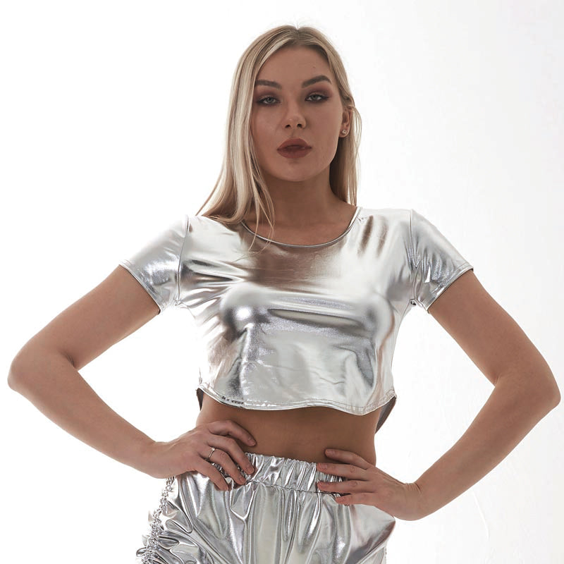 Women Nightclub Stage Wear Short Sleeved Cropped Round Neck Top Performance Wear Sexy Clothes