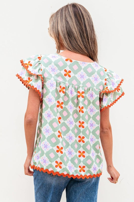 Belen Floral Layered Flutter Sleeve Rac Trim Blous