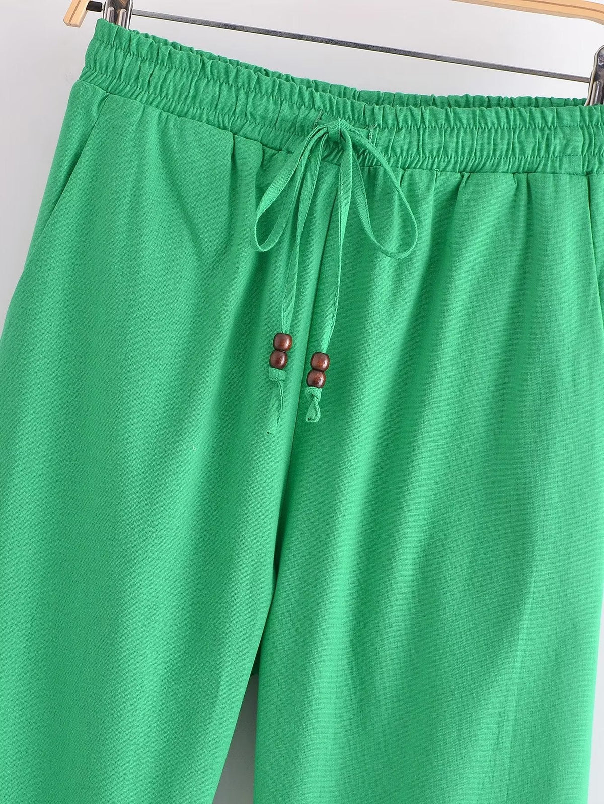 Spring Summer Women Straight Loose Casual Pants Stretch High Waist Linen Trousers