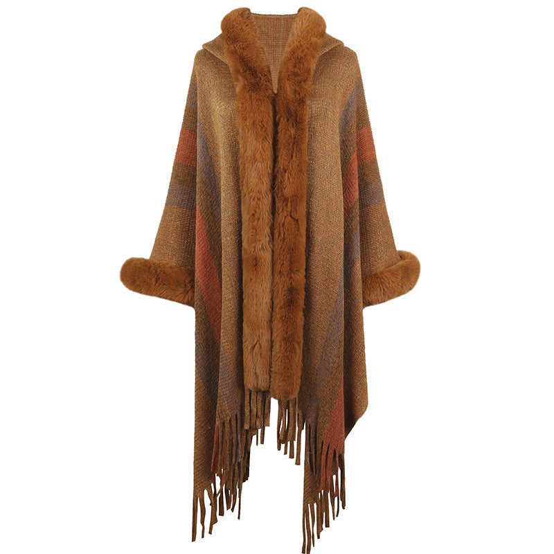 Hooded Cape for Women Autumn Winter Striped Knitted Tassel Shawl