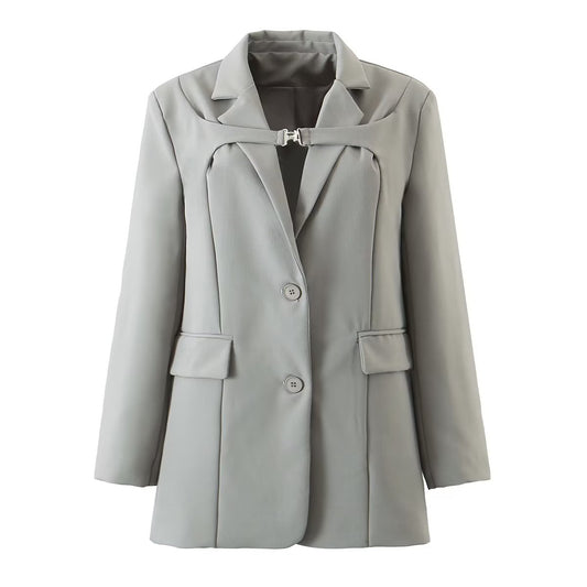 Autumn Women Clothing Collar Metal Lock Catch Straight Mid Length Small Blazer