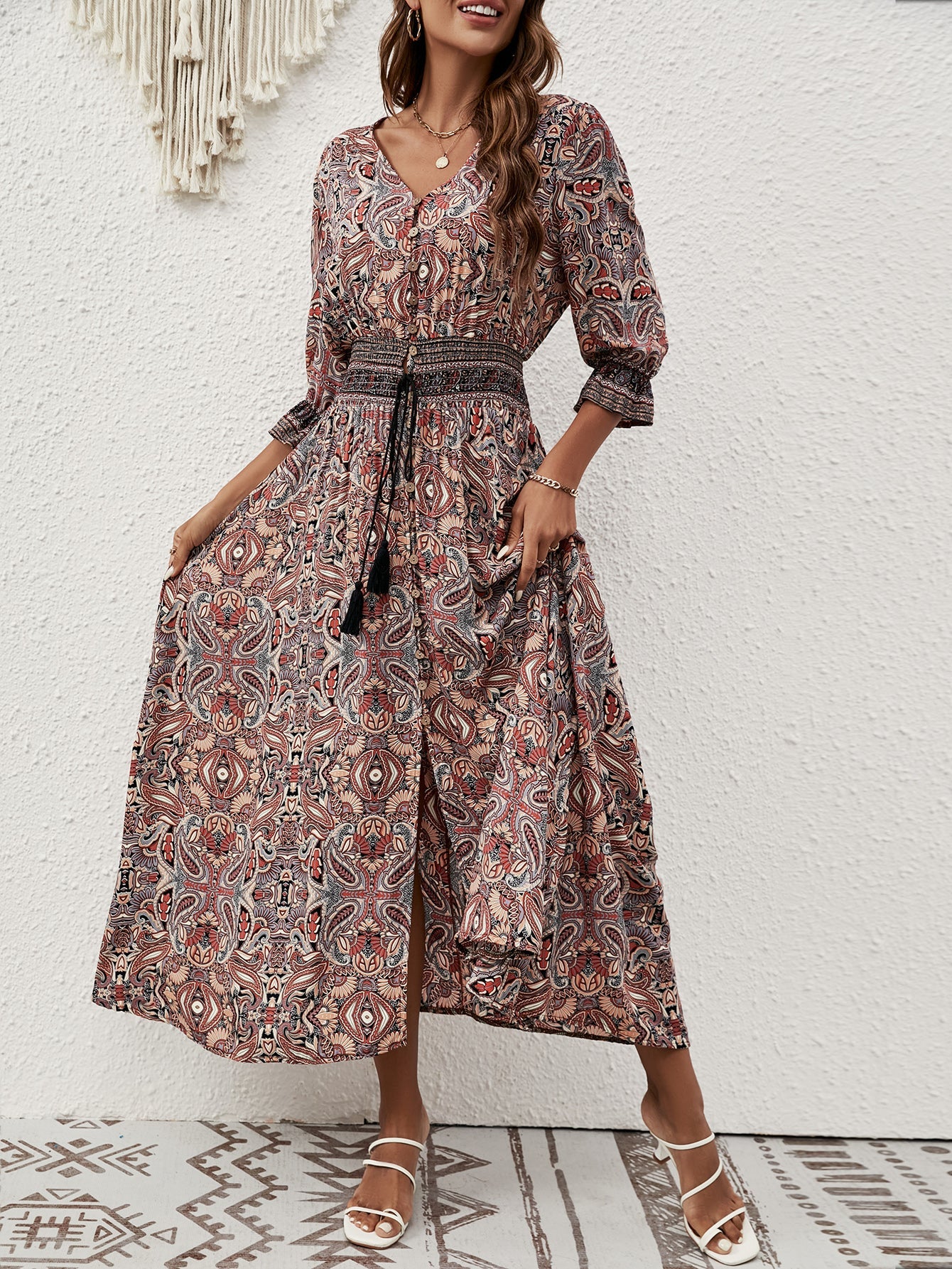 Women Summer New Arrival Cotton Positioning Printed Seven Sleeve Belted Bohemian Dress Travel Vacation Buckle Beach Dress