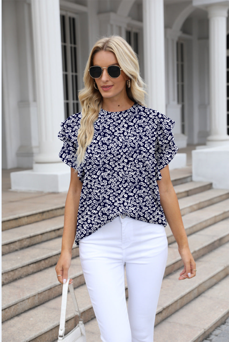 Women Summer round Neck Printed Ruffled Short Sleeves Chiffon Shirt Floral Pullover T shirt