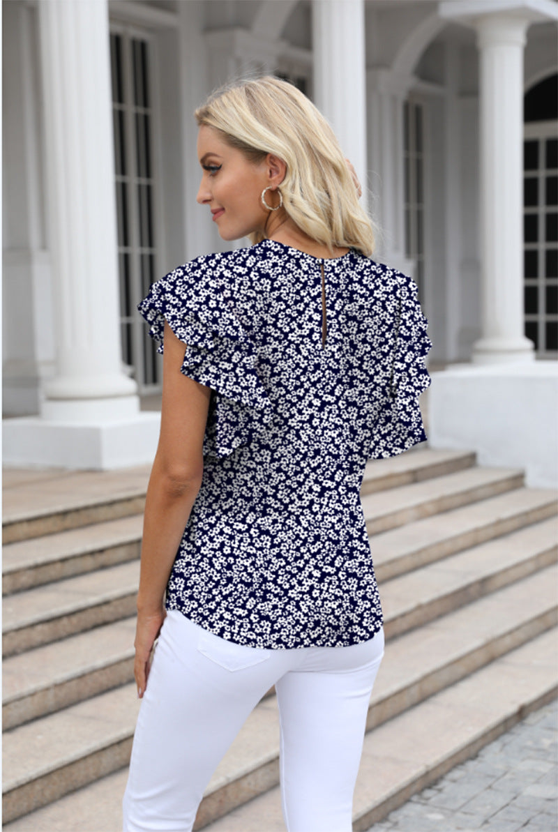 Women Summer round Neck Printed Ruffled Short Sleeves Chiffon Shirt Floral Pullover T shirt