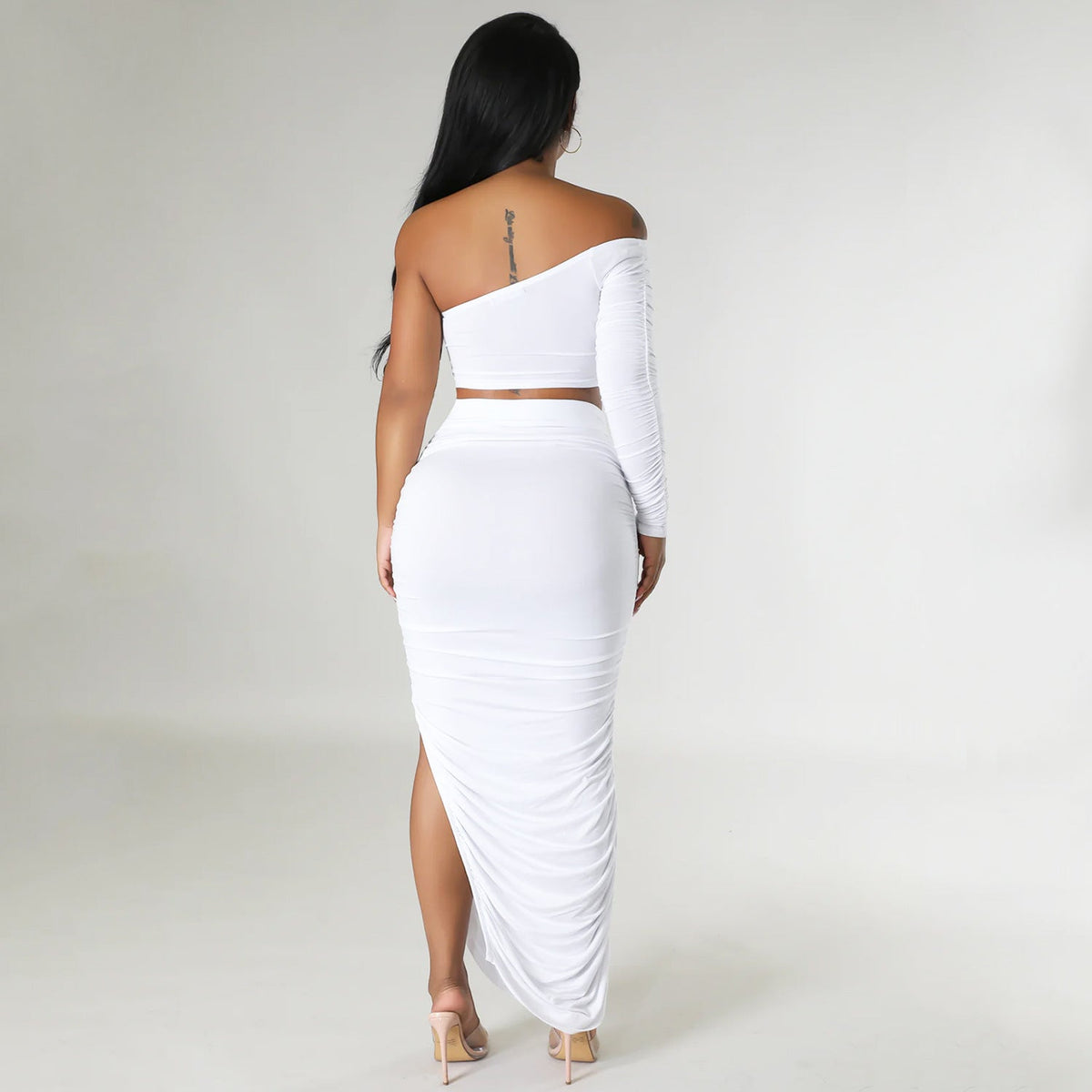 Summer One Shoulder Sleeve Women Clothing Sexy Tight Pleated Stitching Irregular Asymmetric Two Piece Set