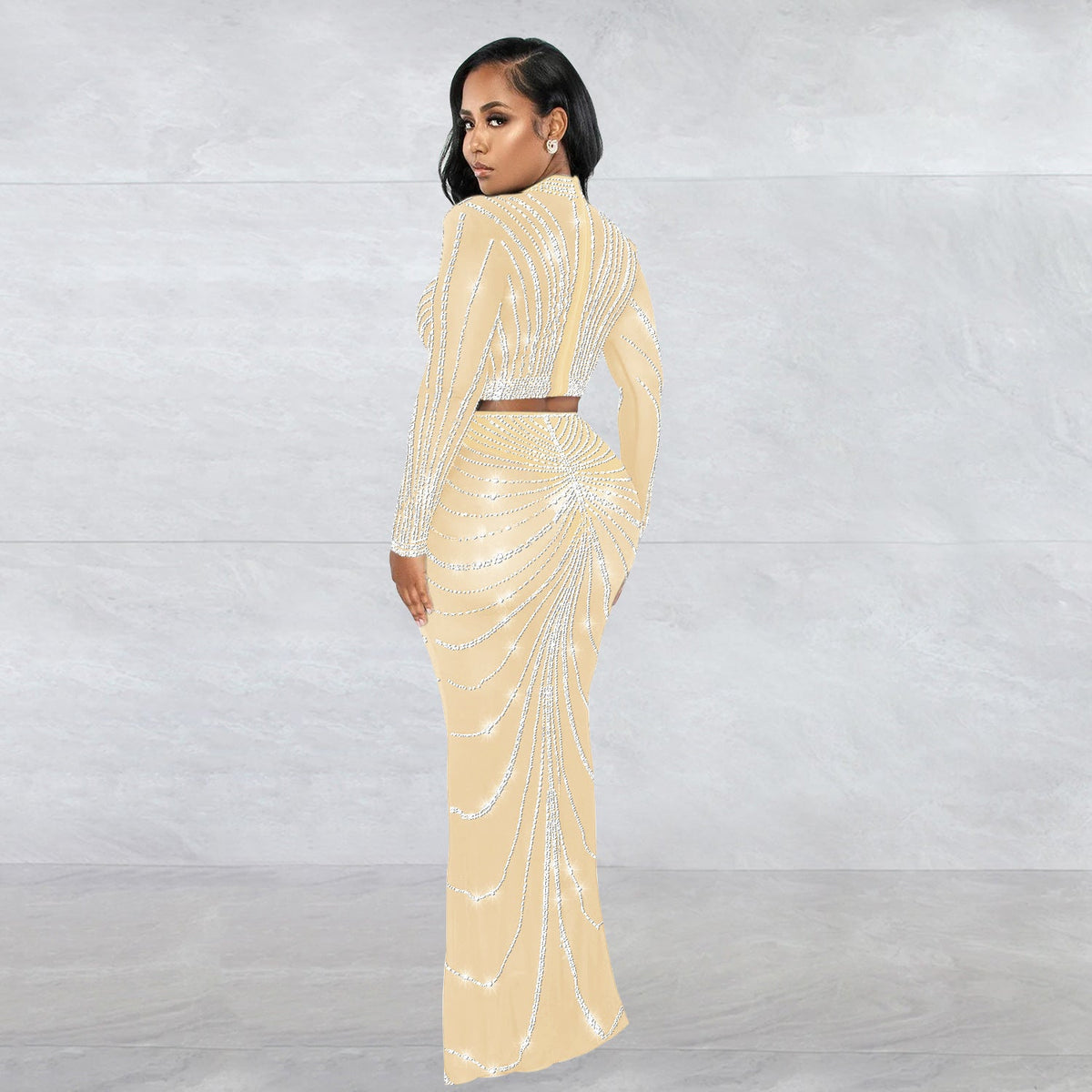 Women Wear Mesh Drilling See through Long Sleeve Dress Two Piece Set