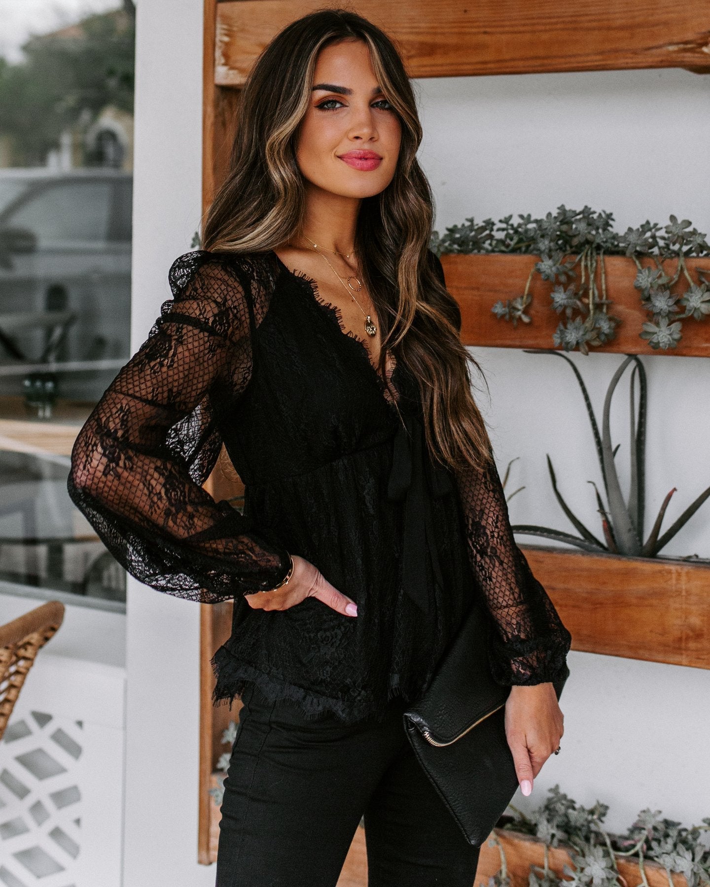 Women New Lace Embroidered Stitching Lace Bow Strap Long Sleeve Top