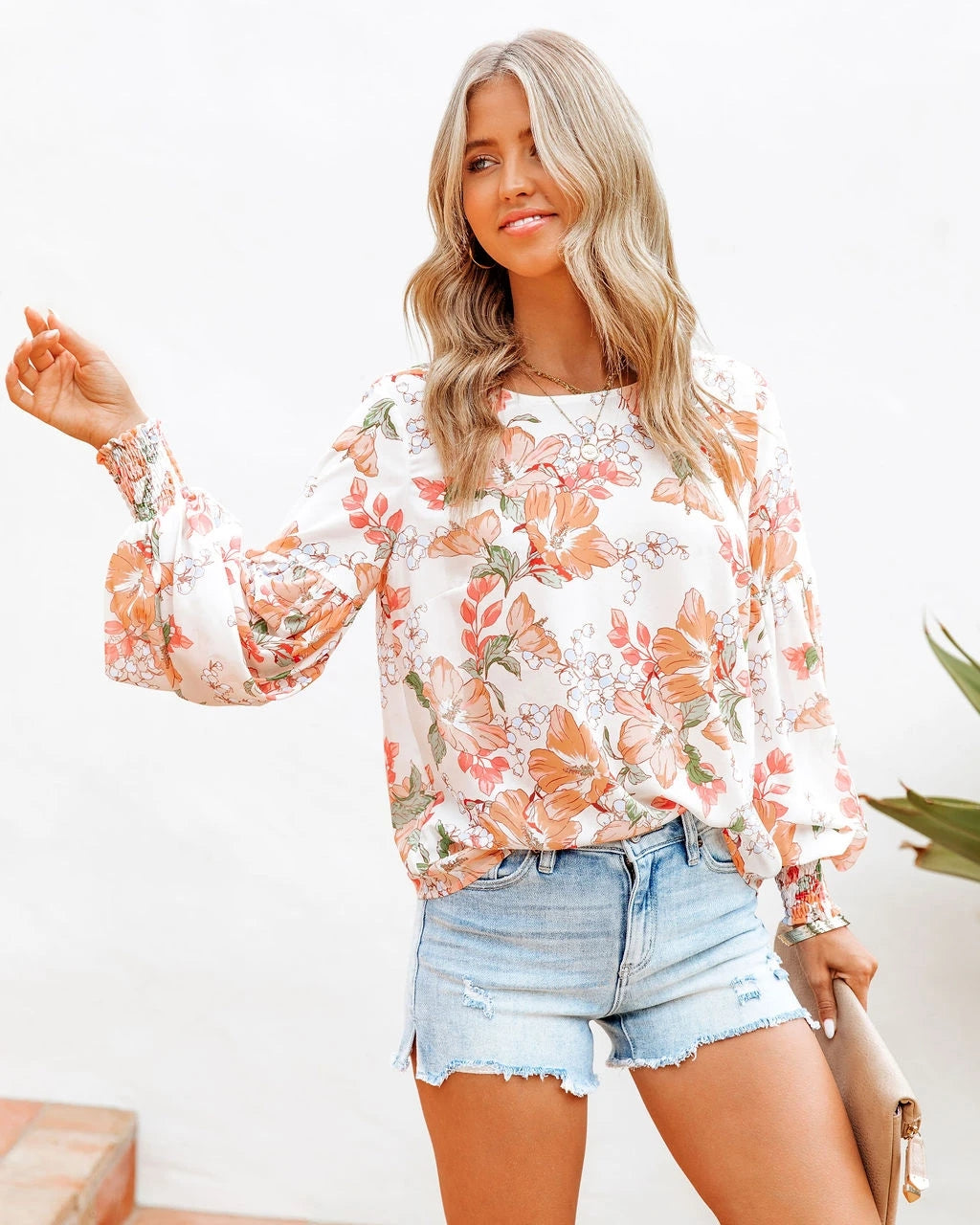 Women Spring and Summer New Printed Lantern Sleeve Long Sleeve Top