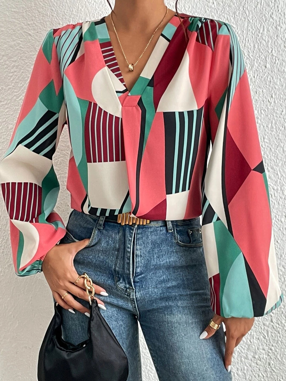 Women New Spring and Autumn Elegant Geometric Print Long Sleeve Shirt