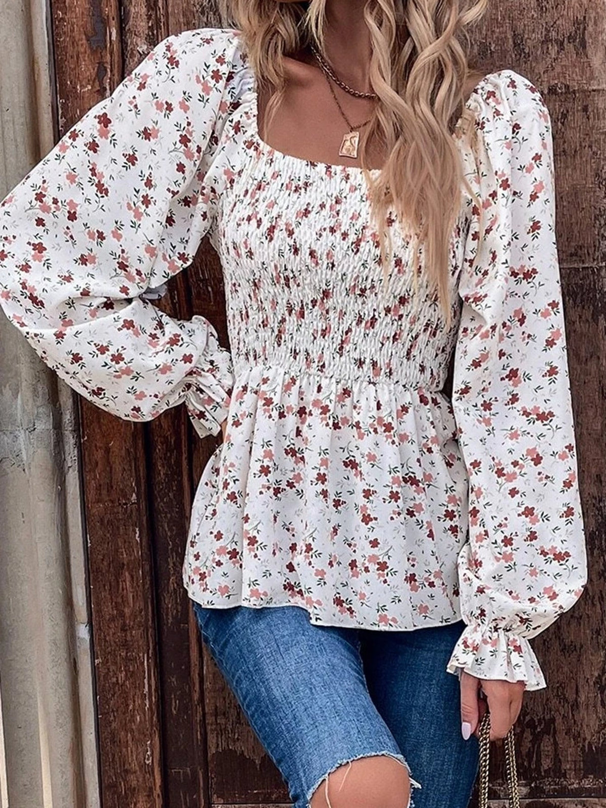 Women New Spring and Autumn Elegant Small Floral Print Long Sleeve Top