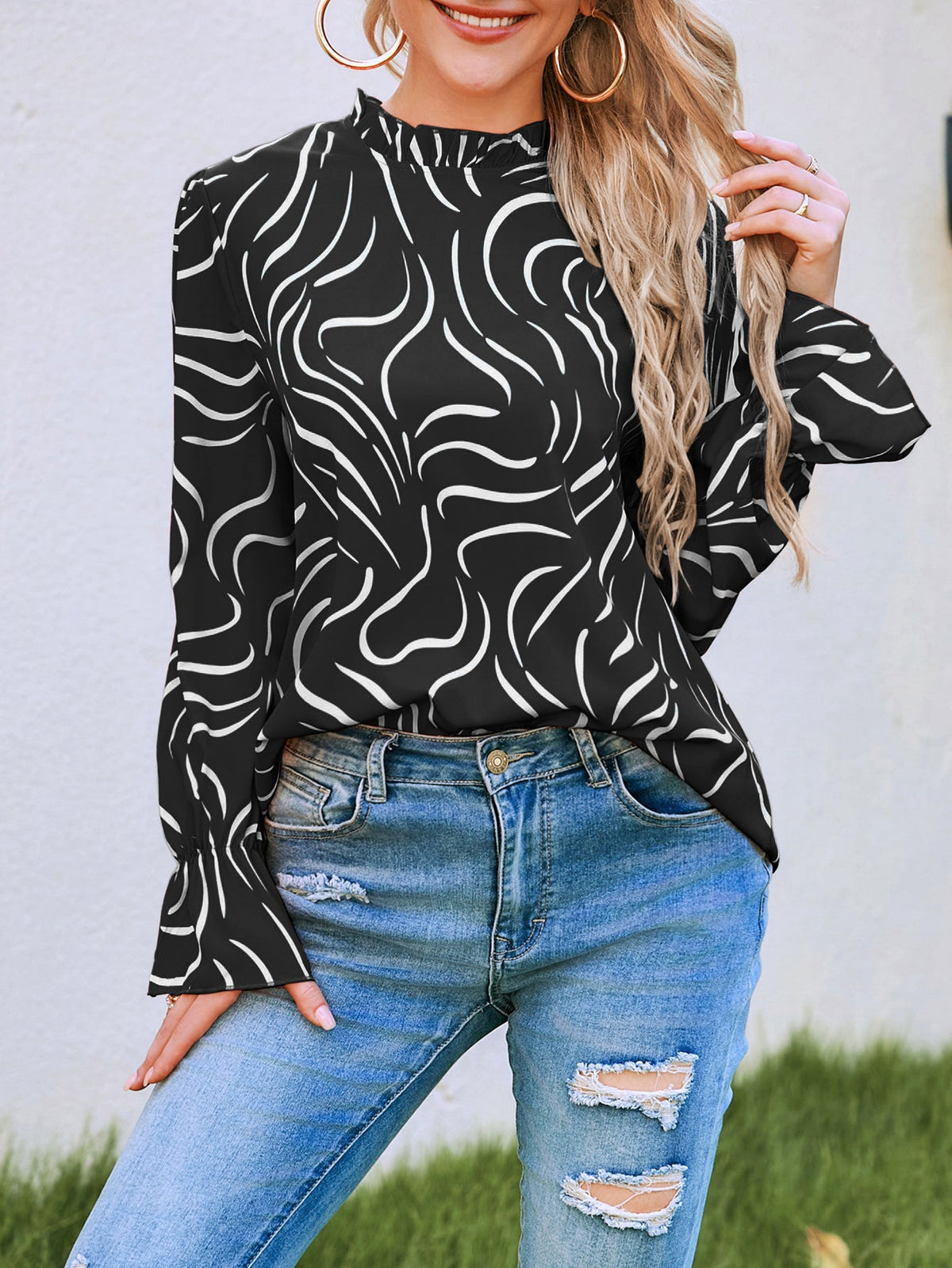 Women New Spring and Autumn Elegant Small Floral Print Long Sleeve Top