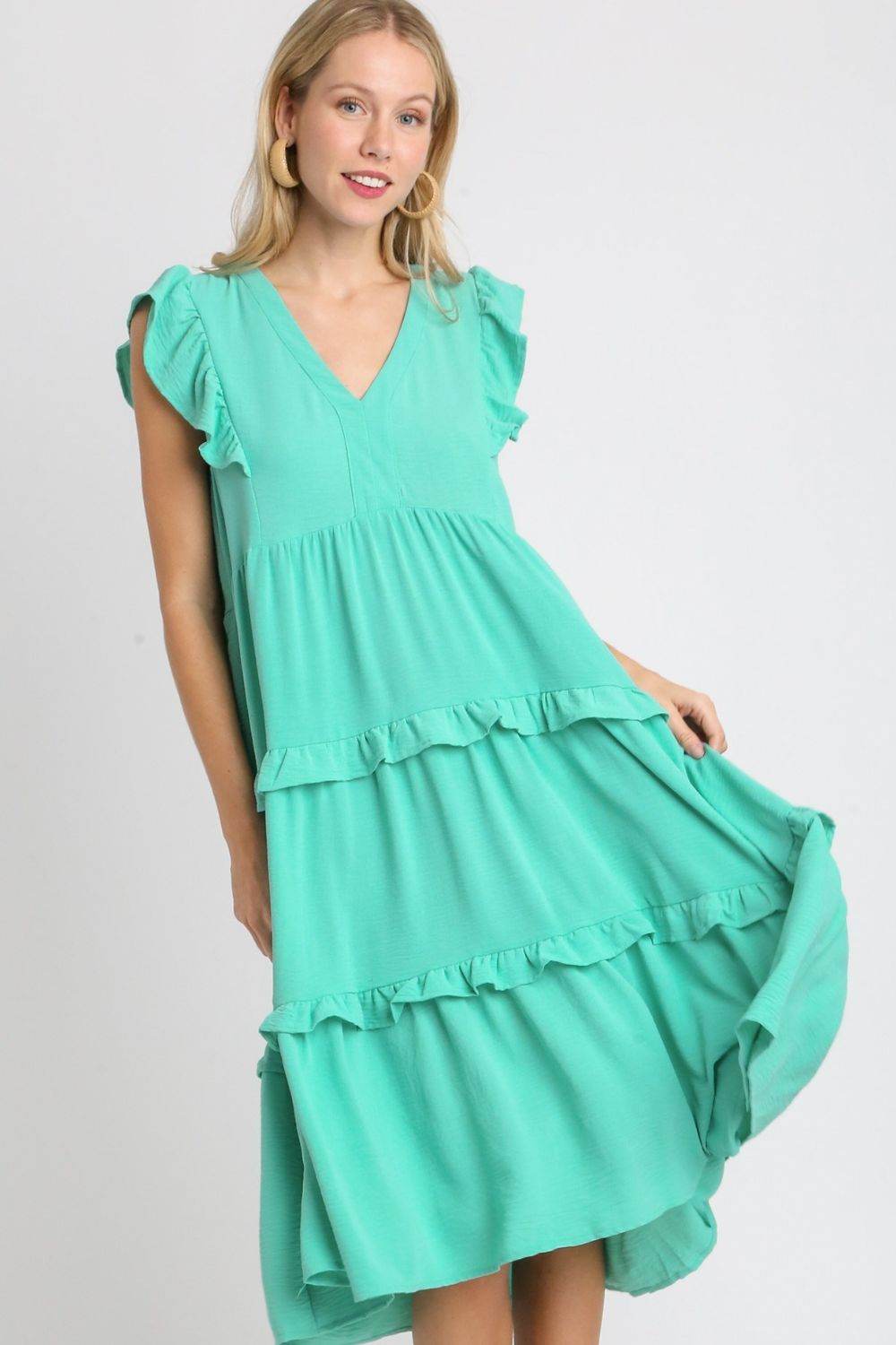 Umgee Full Size Ruffle Tiered Cap Sleeve Midi Dress Plus Size