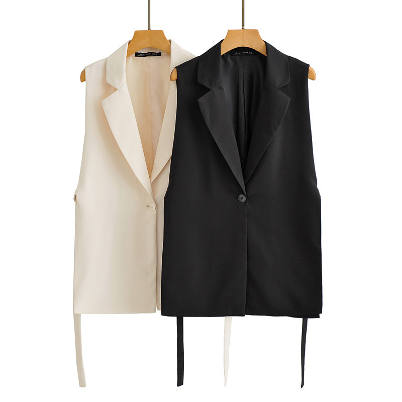 Autumn Solid Color Tied Decorative Split Single Button Vest Blazer Vest
