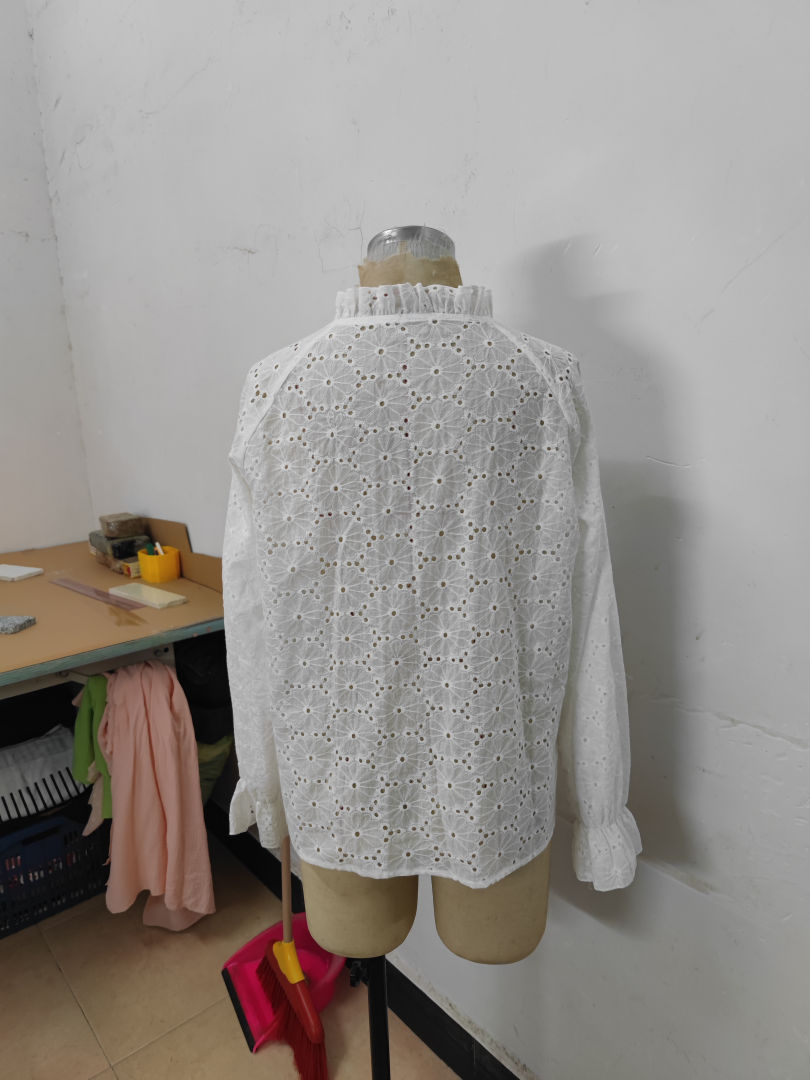 Ladies Shirt Pure Cotton Casual Hollow Out Cutout Design Lantern Long Sleeve Button Shirt