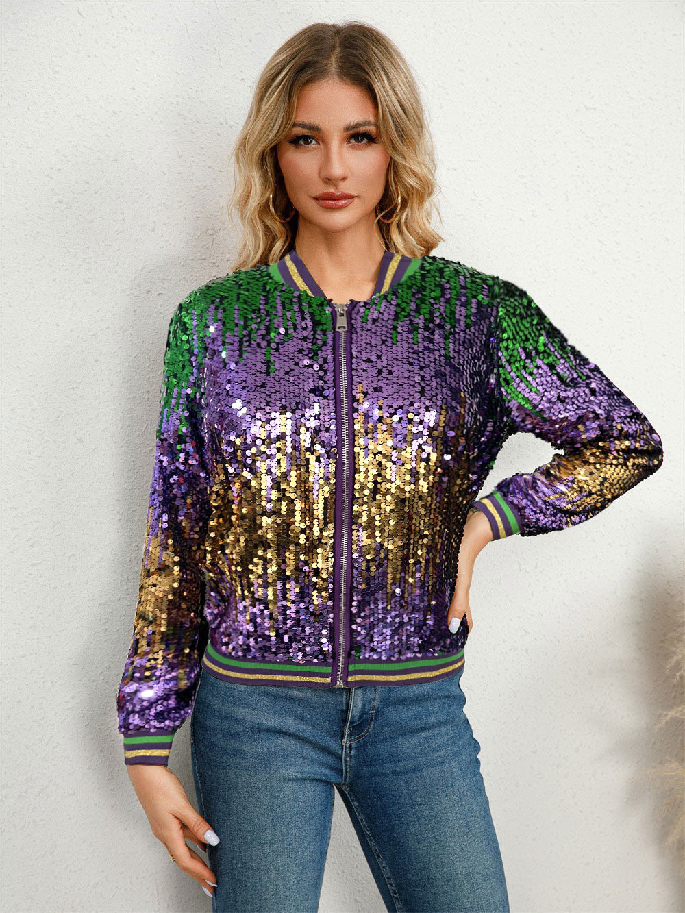 Long Sleeved Cardigan Stand Collar Sequined Spring Autumn Women Baseball Uniforms Coat
