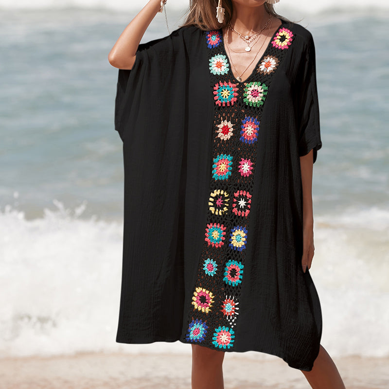 Hand Crocheting Stitching Color Pattern V Neck Pullover Breathable Vacation Beach Cover Up Dress