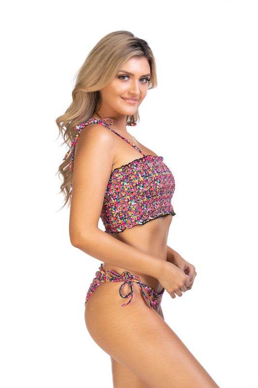 FLORAL RUCHED BIKINI TOP AND TIE SIDE BOTTOM SET