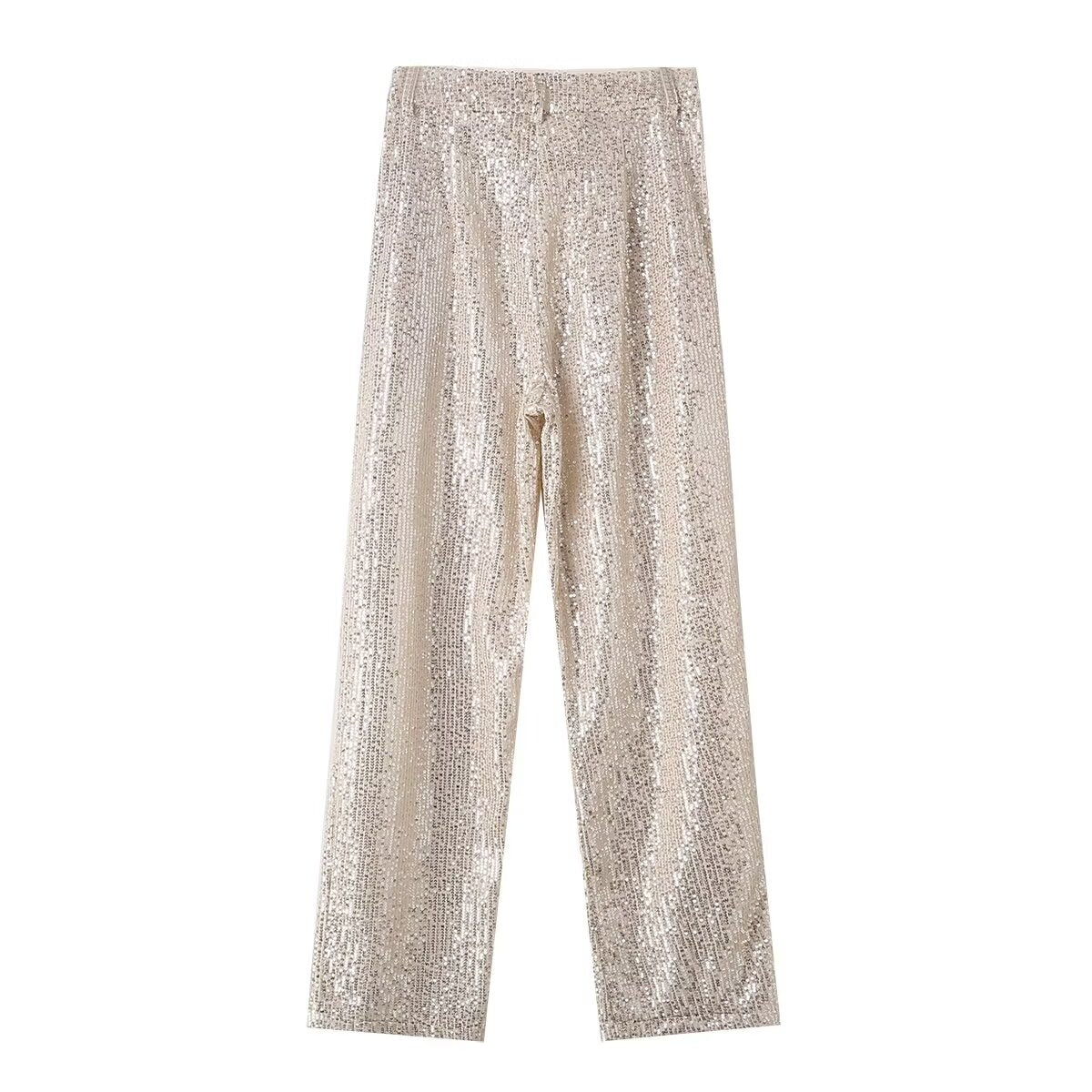 Spring Women Clothing Solid Color Sequ Loose Casual Straight Pants Trousers