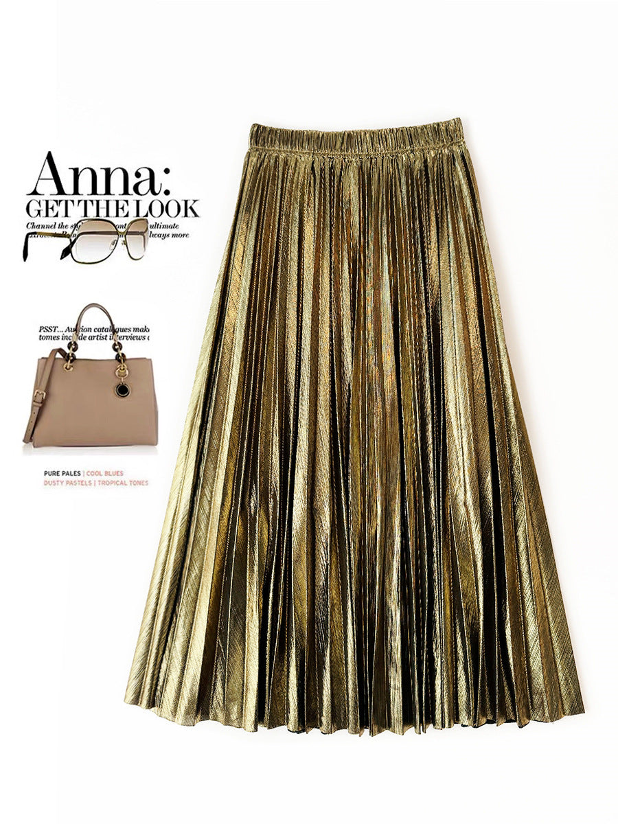 Long Skirt Metallic Pleated Skirt Women Mid Length Drape Gold Brushed Skirt Tide