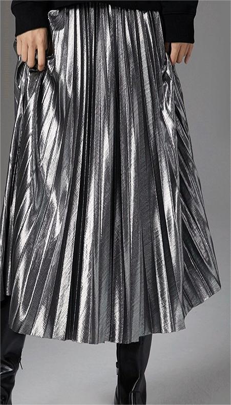 Long Skirt Metallic Pleated Skirt Women Mid Length Drape Gold Brushed Skirt Tide