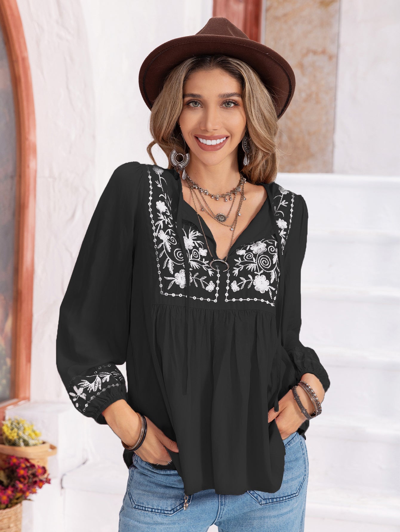 Sweet Embroidered Lantern Nine Quarter Sleeve Women Top