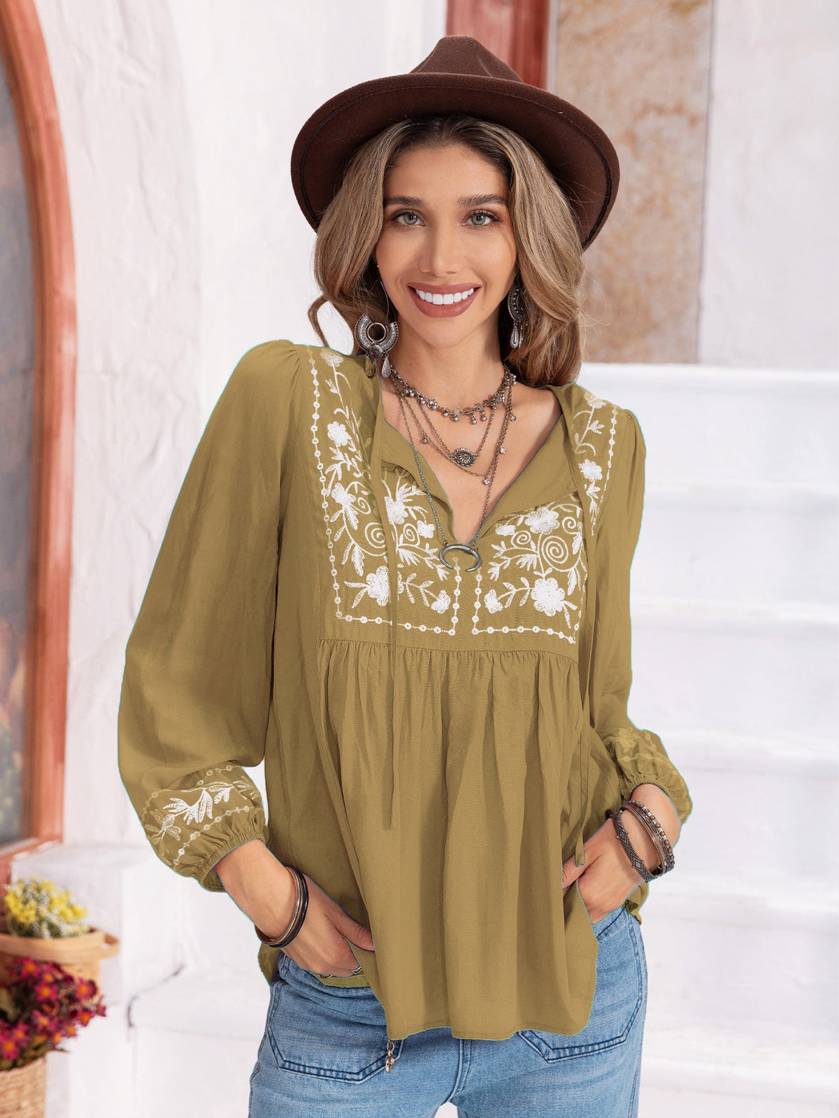 Sweet Embroidered Lantern Nine Quarter Sleeve Women Top